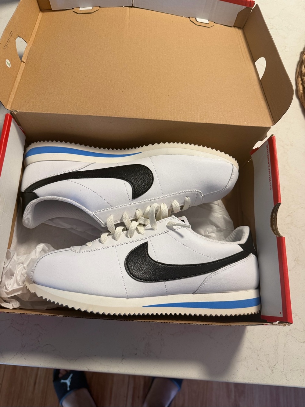 Nike White Leather Sneakers with Black Swoosh and Blue Accent